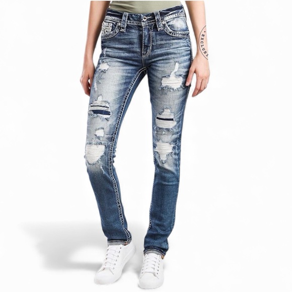 Rock Revival Denim - Rock Revival Barbra Mid-Rise Straight Blue Jeans with Distressed Details Size 29